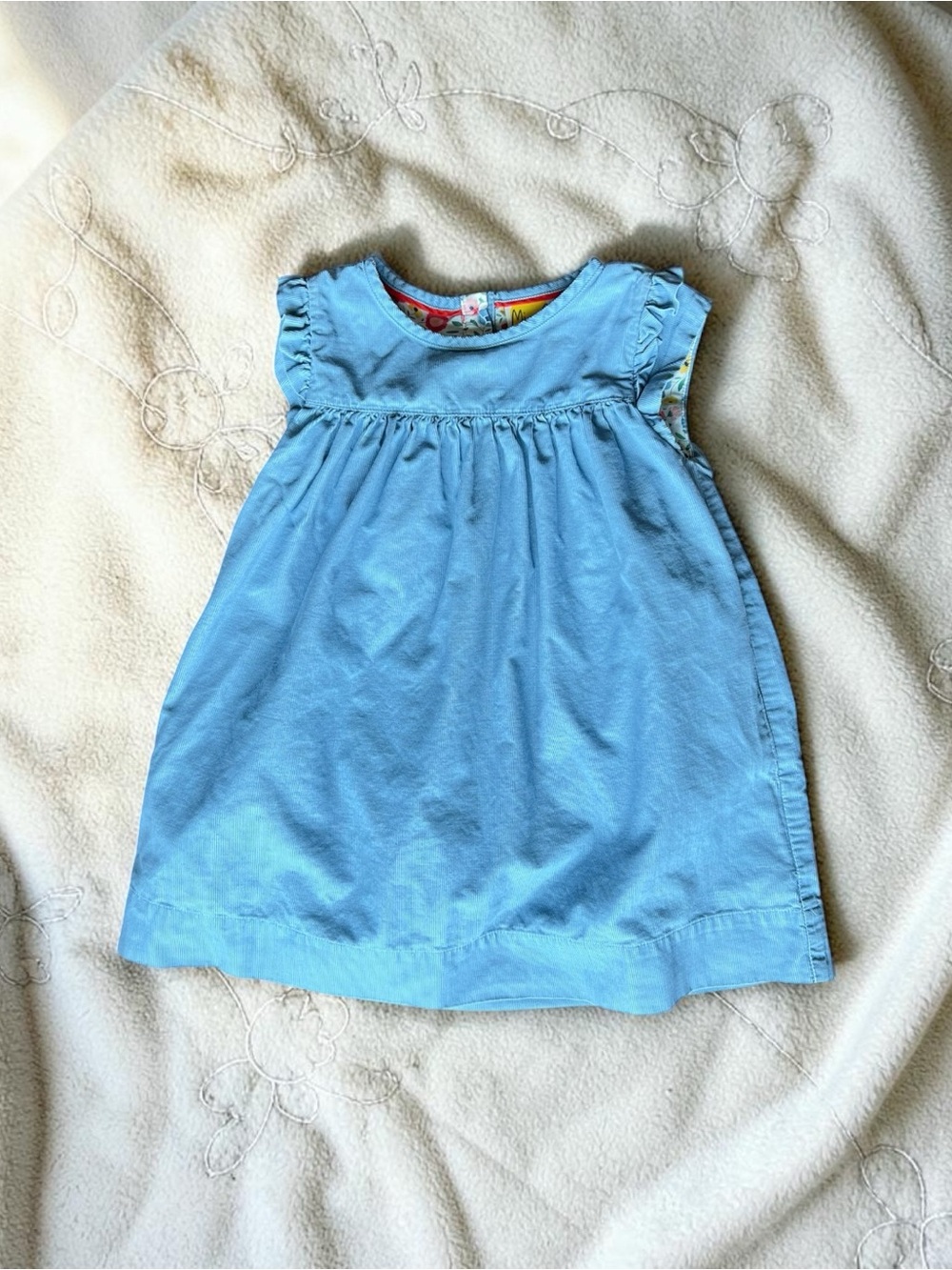 Mini Boden Blue Corduroy Short Sleeve Dress with Floral Lining Size 2-3 Years